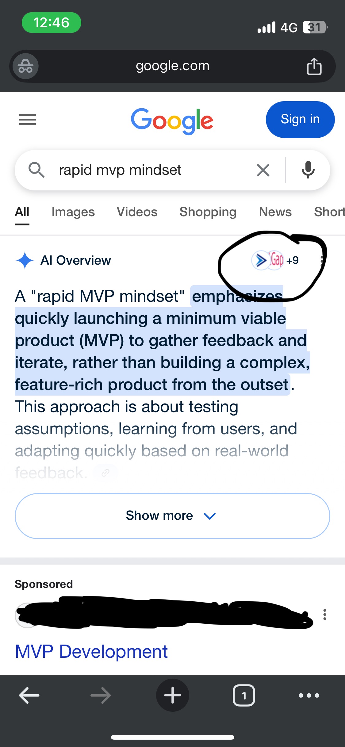 ElGap logo and content featured in Google's AI Overview (SGE) for 'Rapid MVP Mindset' on US mobile search. ElGap logo and content featured in Google's AI Overview (SGE) for 'Rapid MVP Mindset' on US mobile search.