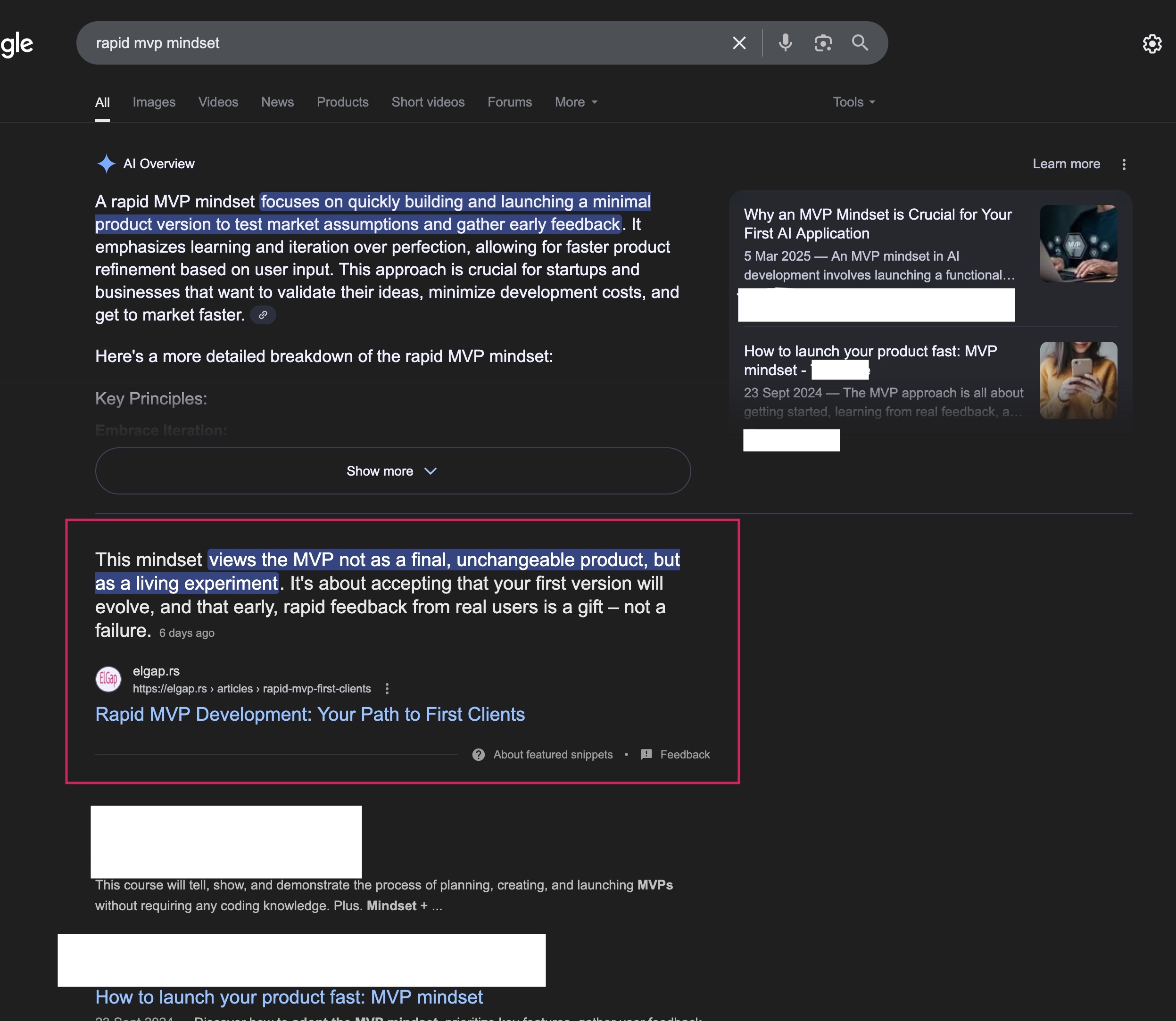 ElGap.rs as Featured Snippet for 'Rapid MVP Mindset' on Google. ElGap.rs as Featured Snippet for 'Rapid MVP Mindset' on Google.